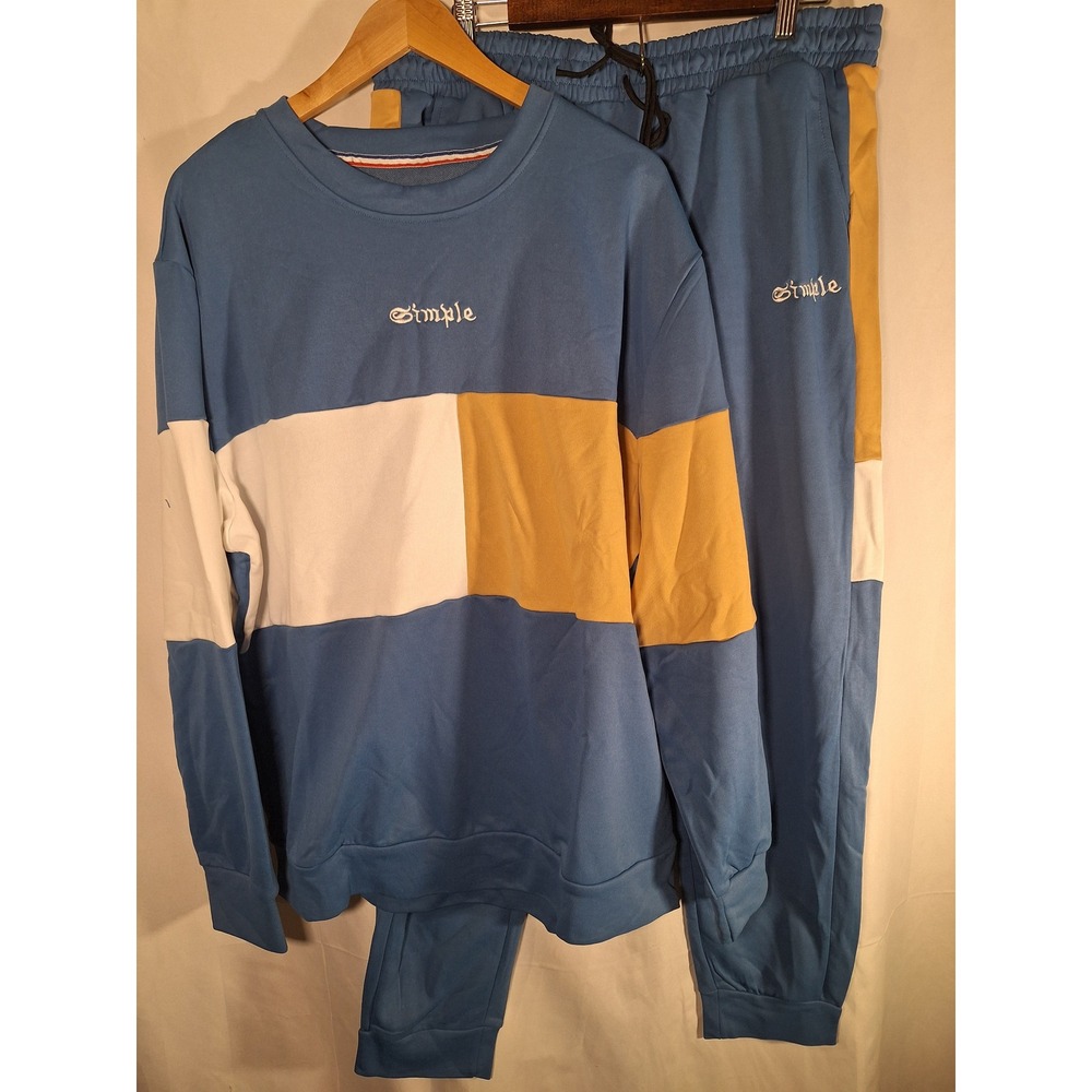 Simple Colorblock Men’s Sweatshirt & Jogger Set - Blue/White/Gold